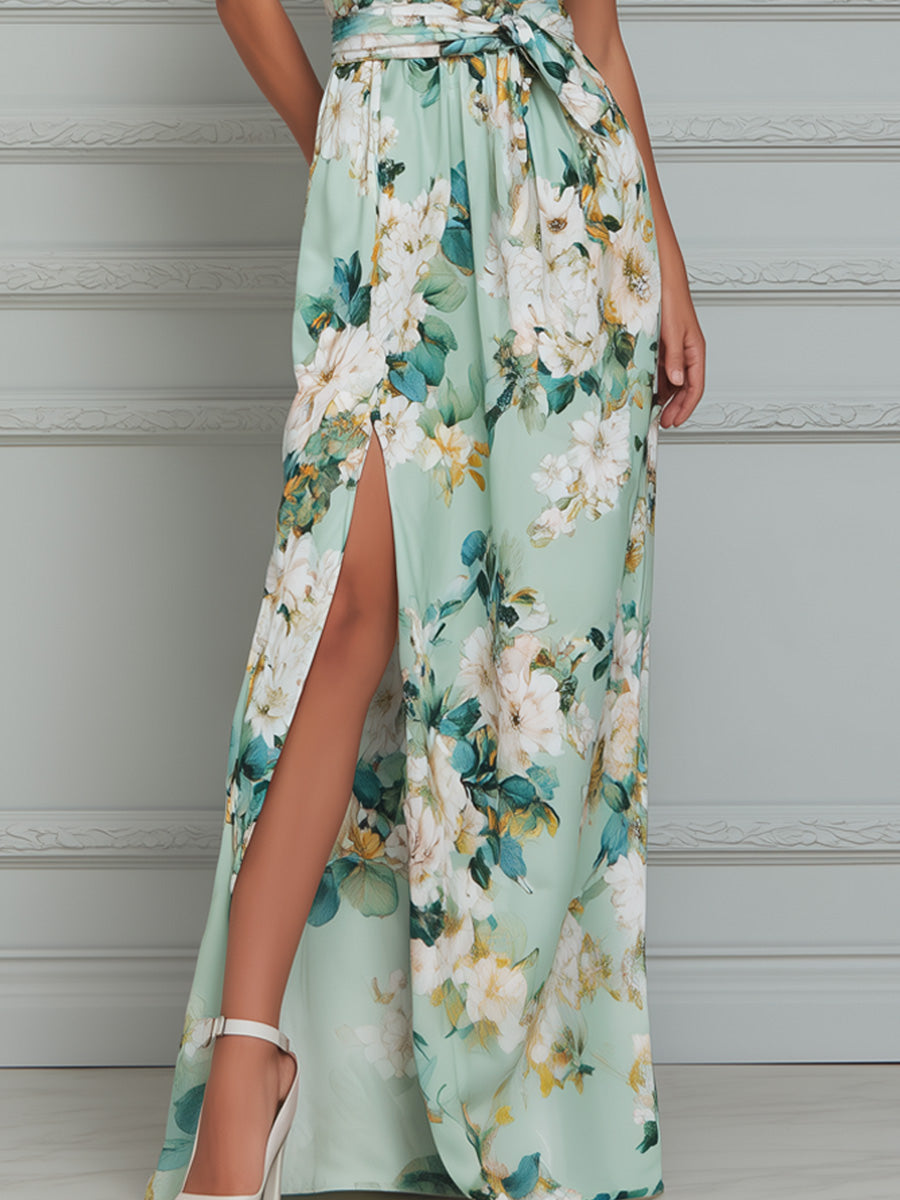 Elegant Floral Print Satin Maxi Dress With Side Slit