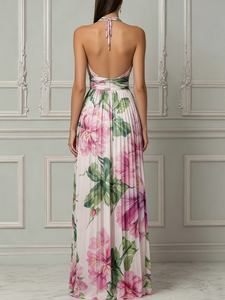 Halter Neck Floral Print Sleeveless Chiffon Maxi Dress