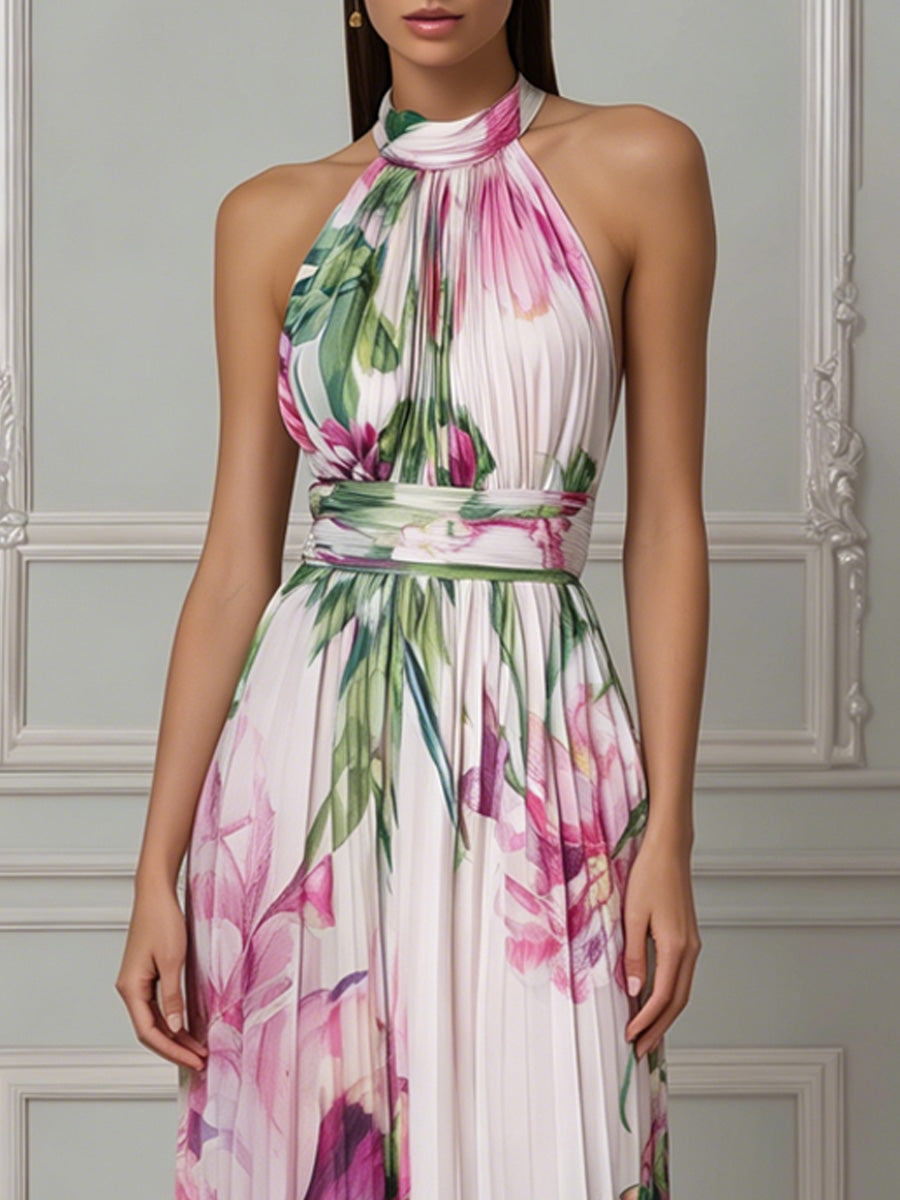 Halter Neck Floral Print Sleeveless Chiffon Maxi Dress