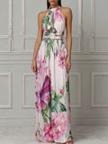 Halter Neck Floral Print Sleeveless Chiffon Maxi Dress