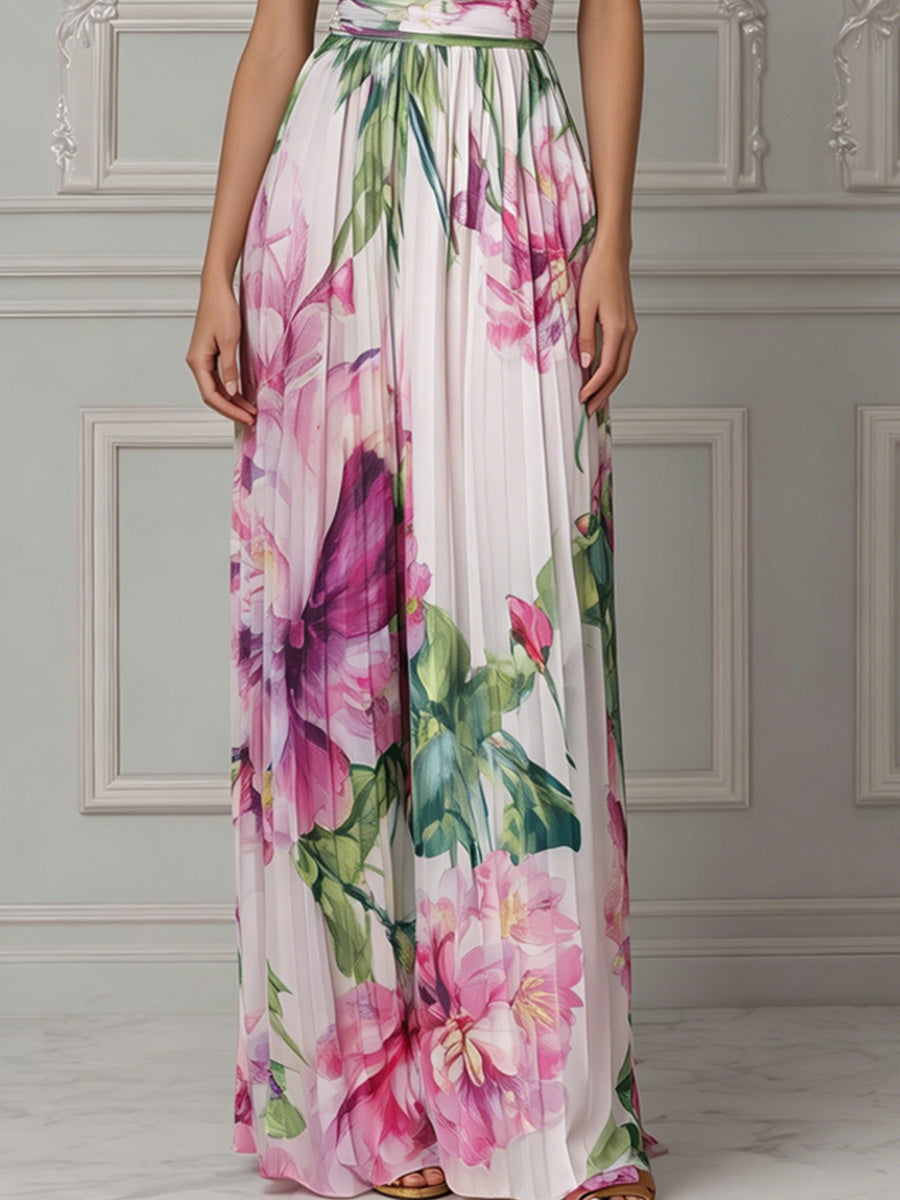 Halter Neck Floral Print Sleeveless Chiffon Maxi Dress