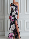 Black Printed One-Shoulder Maxi Dress With High Slit