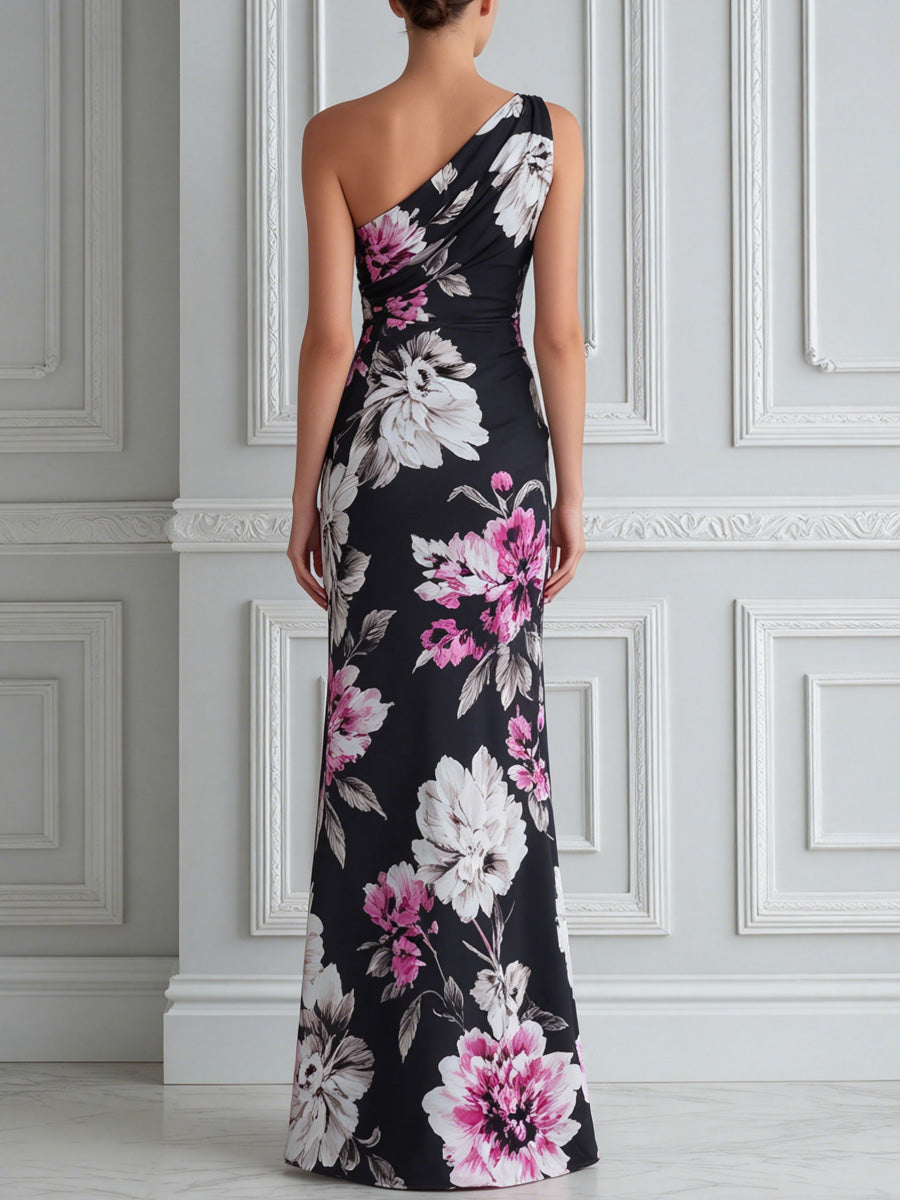 Black Printed One-Shoulder Maxi Dress With High Slit