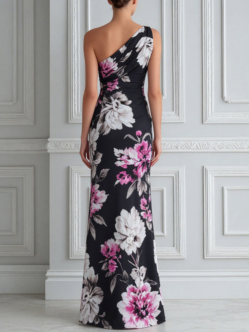 Black Printed One-Shoulder Maxi Dress With High Slit