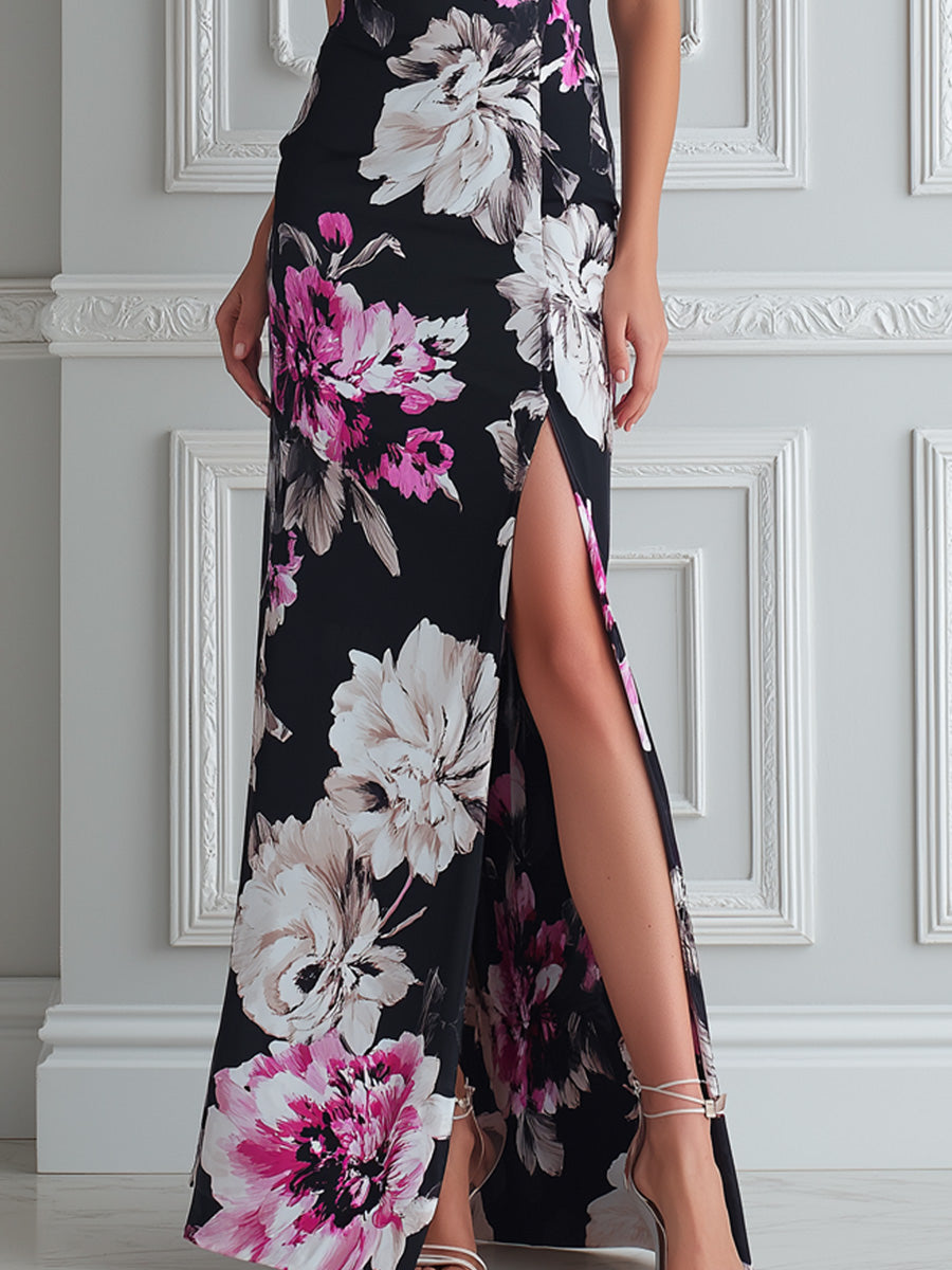 Black Printed One-Shoulder Maxi Dress With High Slit