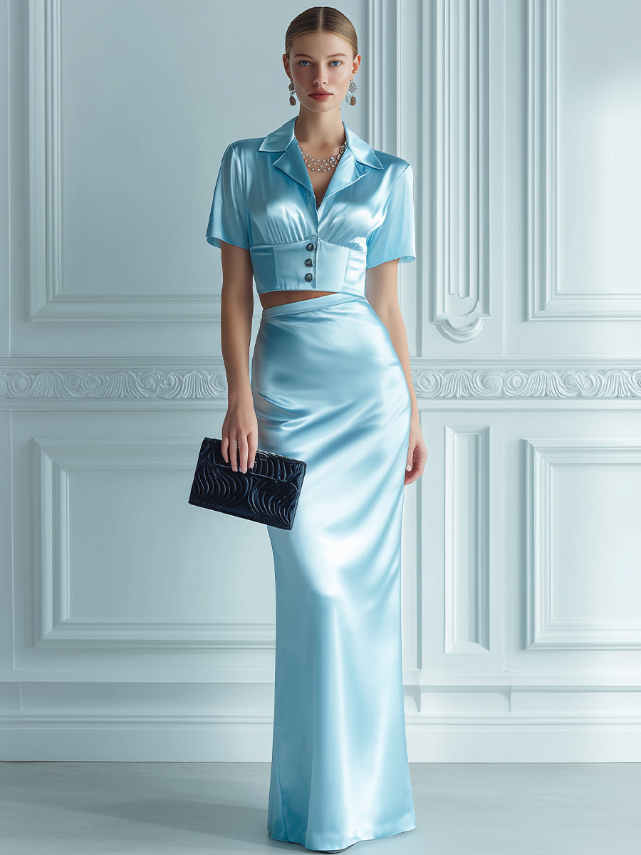 Satin Cropped Blouse And Column Maxi Skirt Set