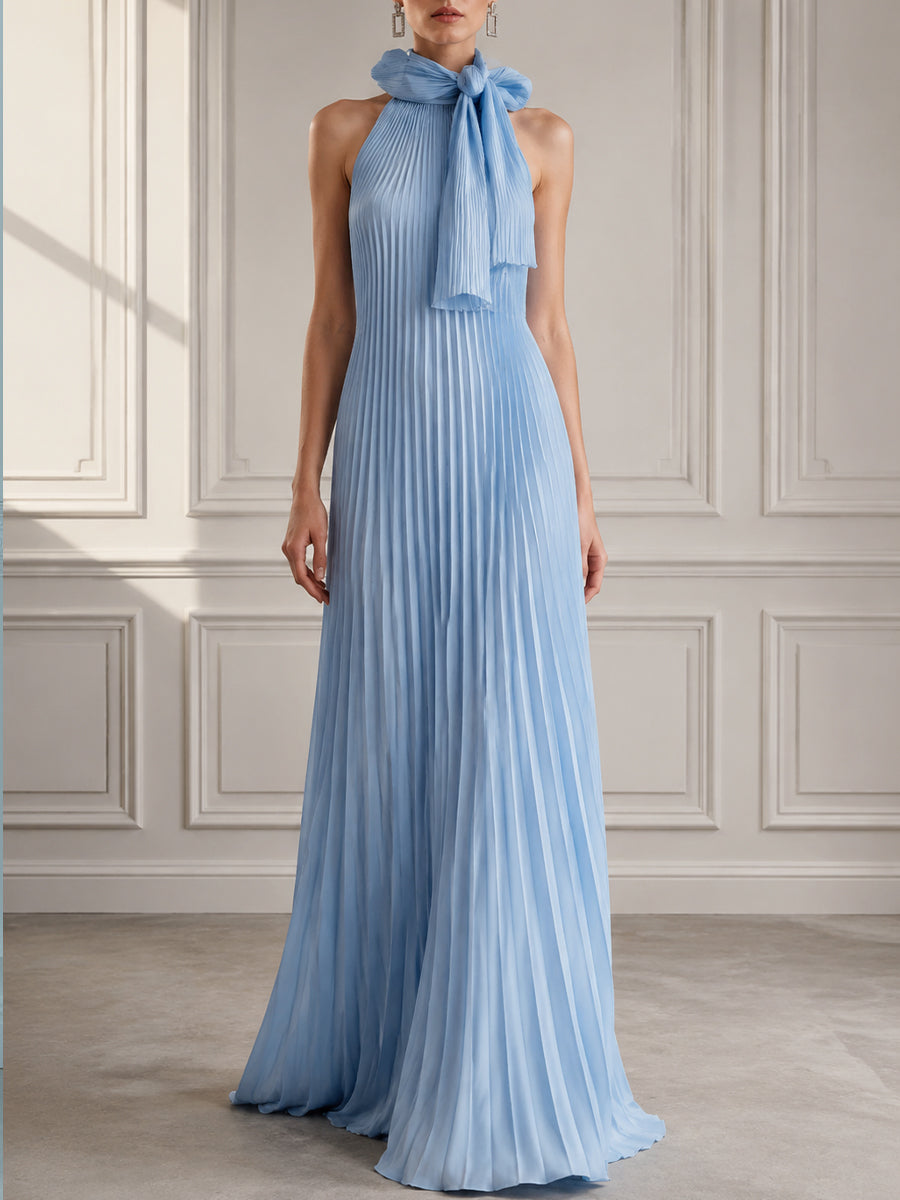 Pleated Halter Neck Bow Maxi Dress