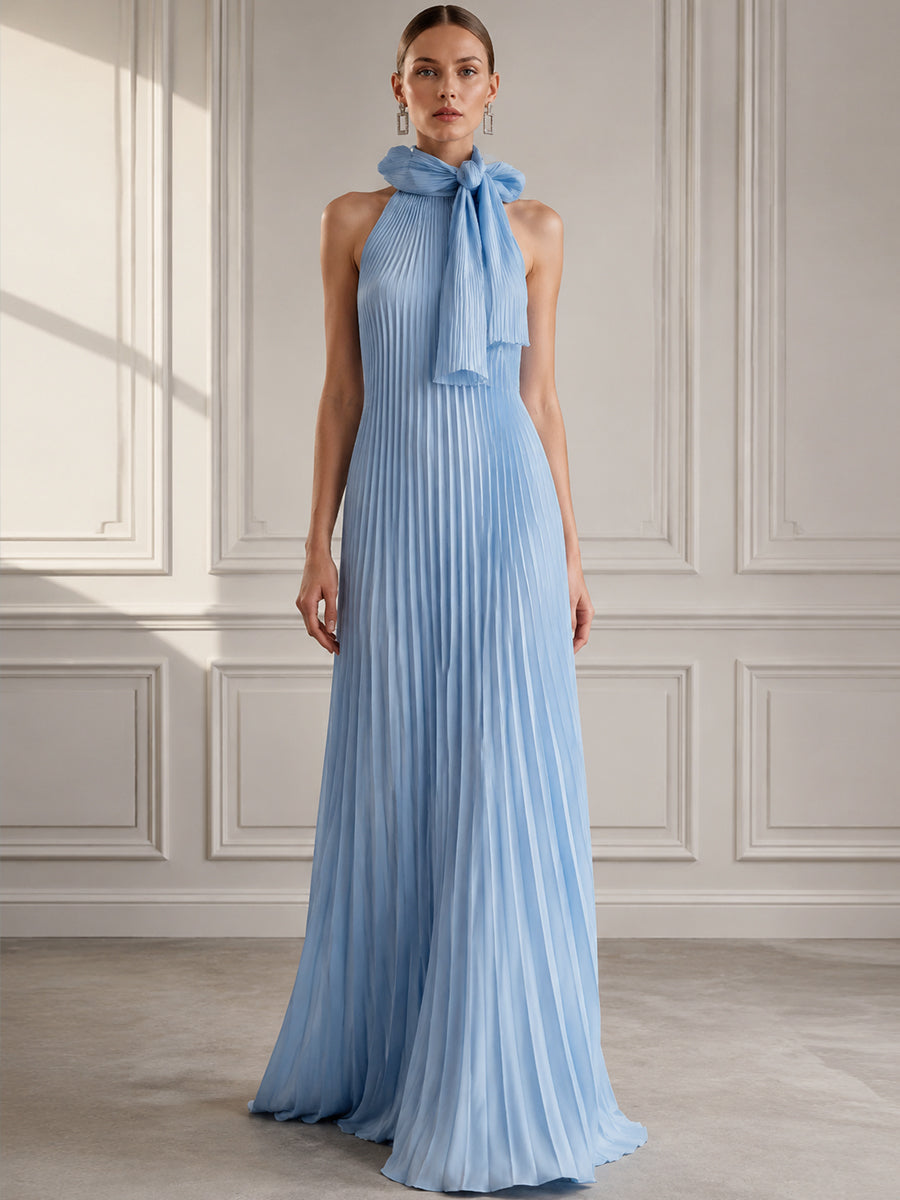Pleated Halter Neck Bow Maxi Dress