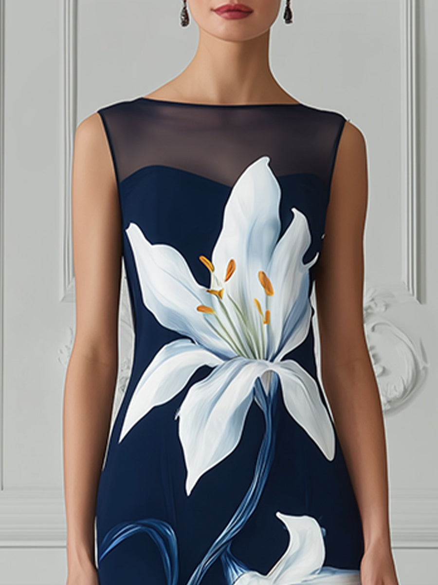 Elegant Navy Illusion Neckline Sheath Dress