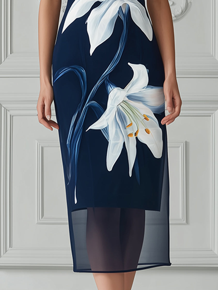 Elegant Navy Illusion Neckline Sheath Dress