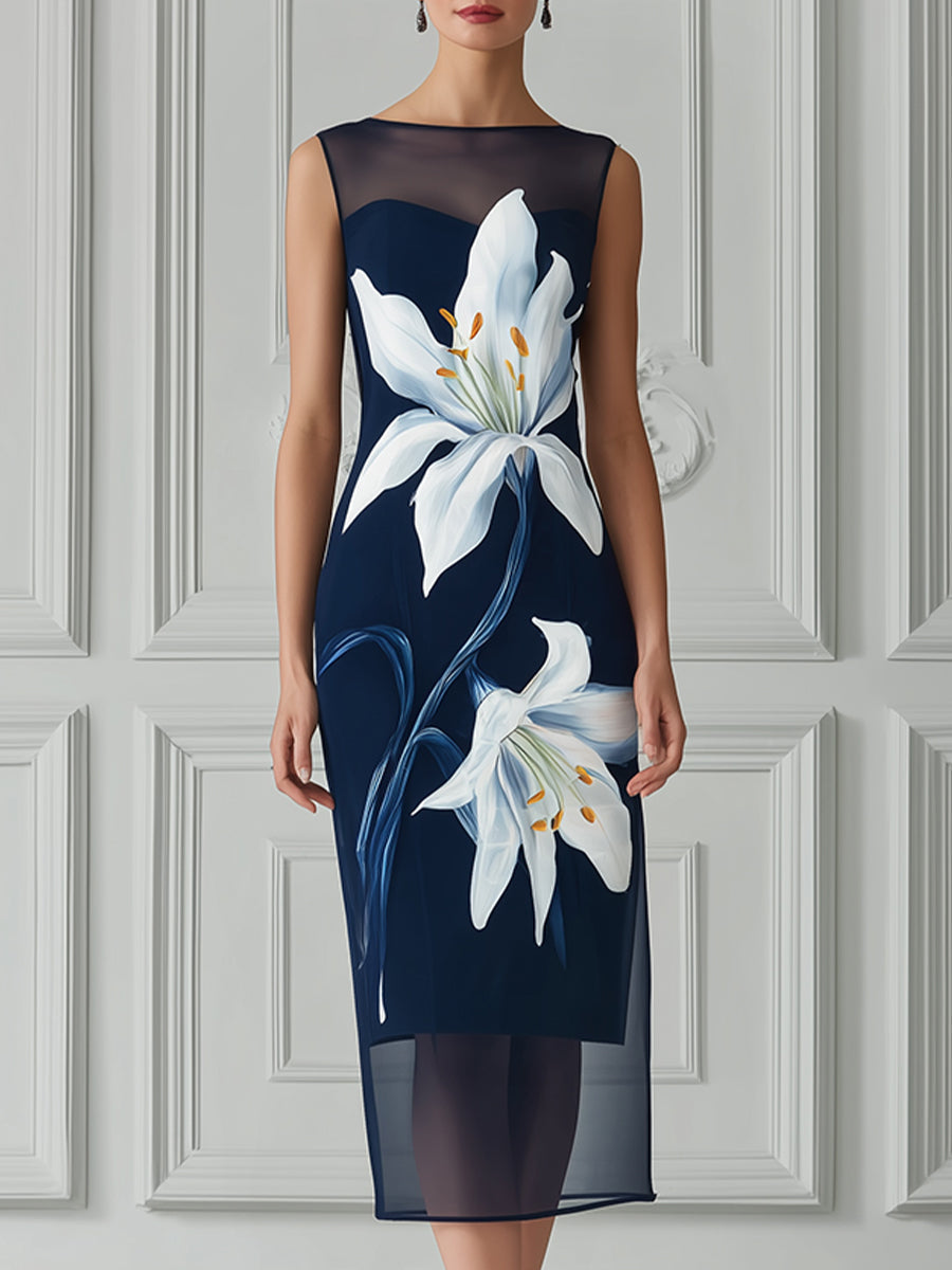 Elegant Navy Illusion Neckline Sheath Dress