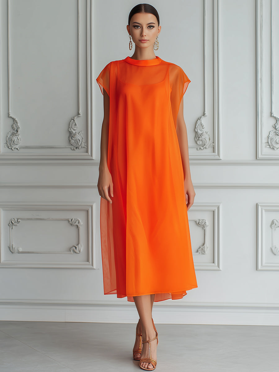 Vibrant High Round Neck Chiffon Layered Midi Dress