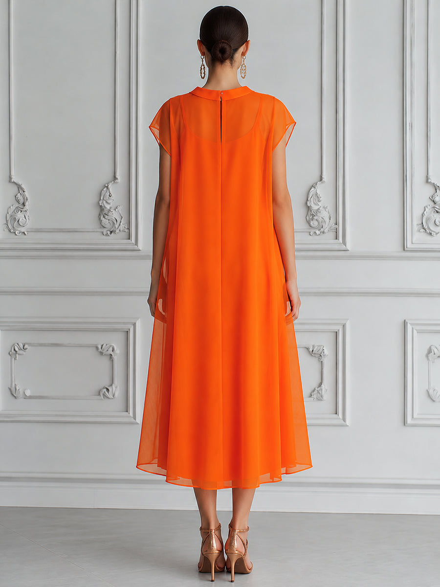 Vibrant High Round Neck Chiffon Layered Midi Dress