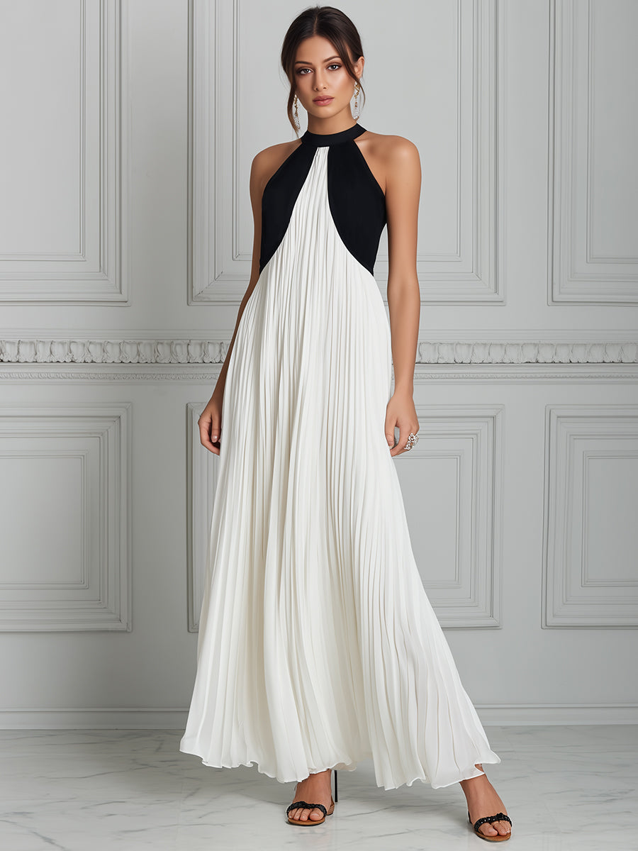 Monochrome Majesty Pleated Halter Maxi Dress