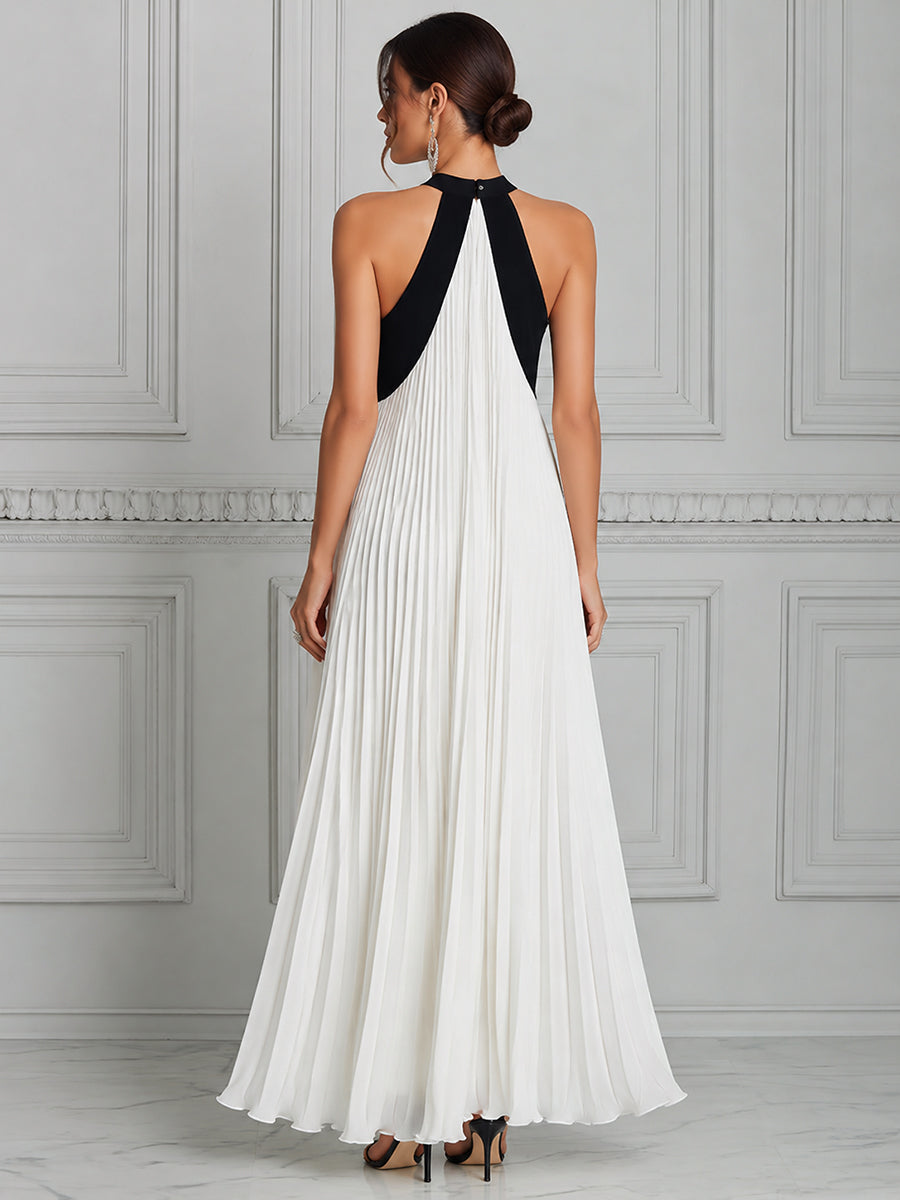Monochrome Majesty Pleated Halter Maxi Dress