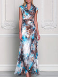 Cowl Neck Cap Sleeve Abstract Watercolor Maxi Dress