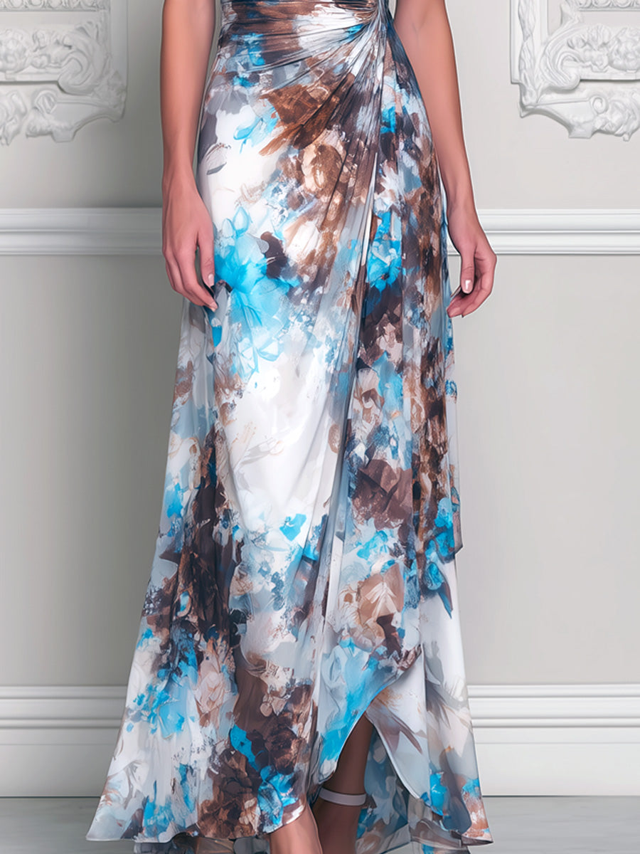 Cowl Neck Cap Sleeve Abstract Watercolor Maxi Dress
