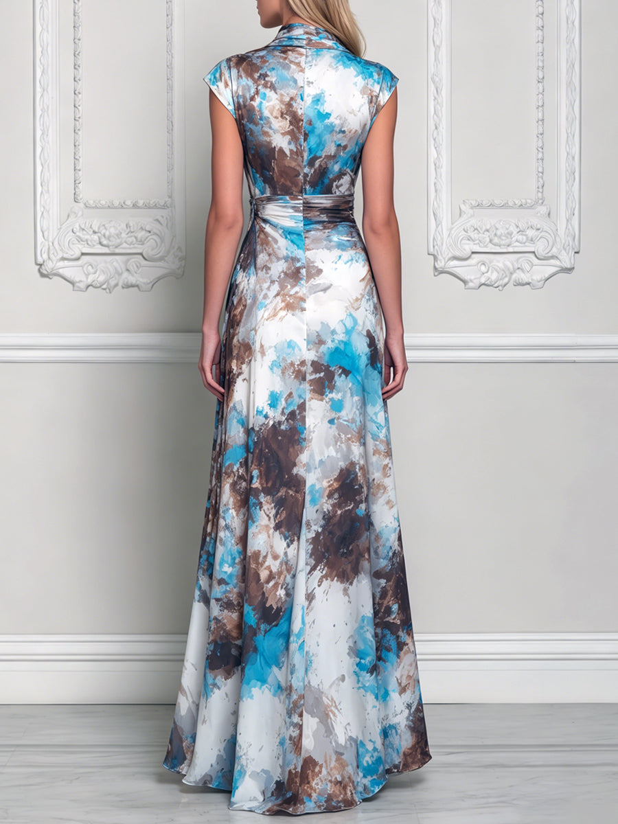 Cowl Neck Cap Sleeve Abstract Watercolor Maxi Dress