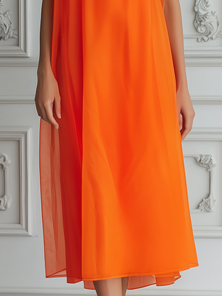 Vibrant High Round Neck Chiffon Layered Midi Dress