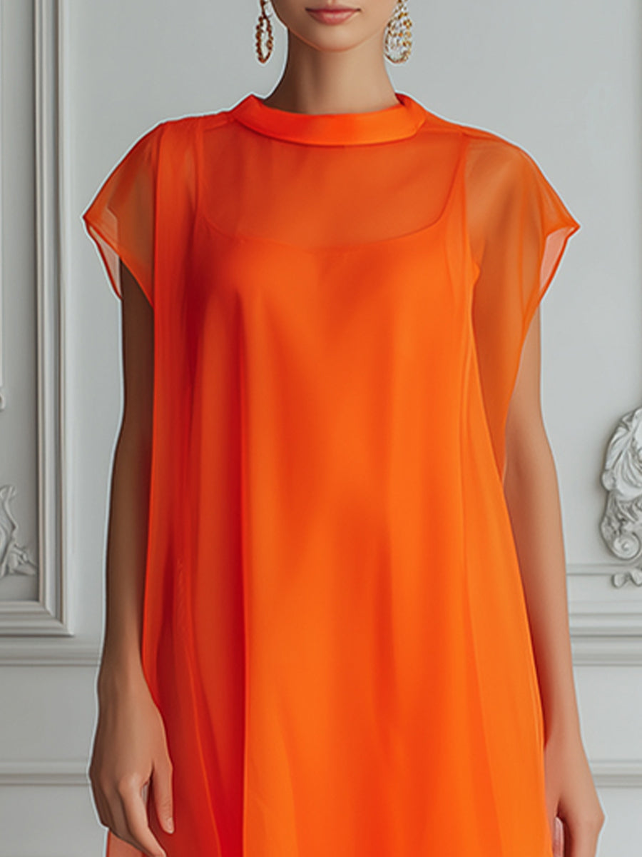 Vibrant High Round Neck Chiffon Layered Midi Dress