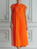 Vibrant High Round Neck Chiffon Layered Midi Dress