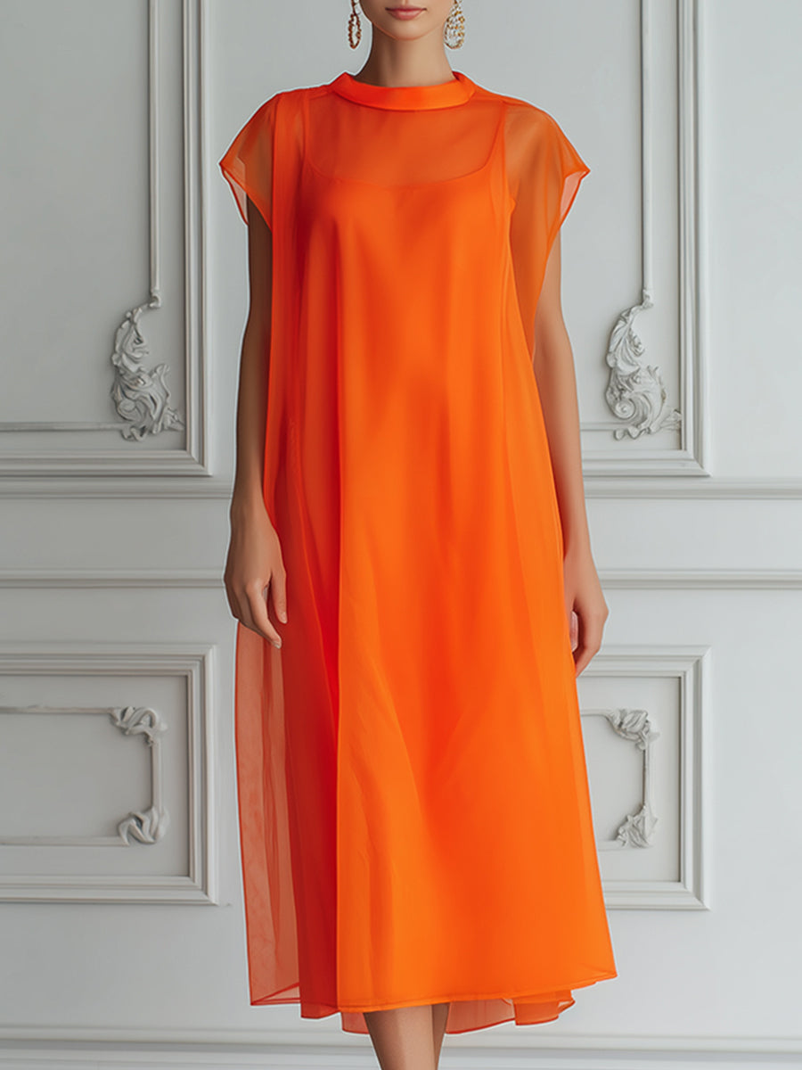 Vibrant High Round Neck Chiffon Layered Midi Dress