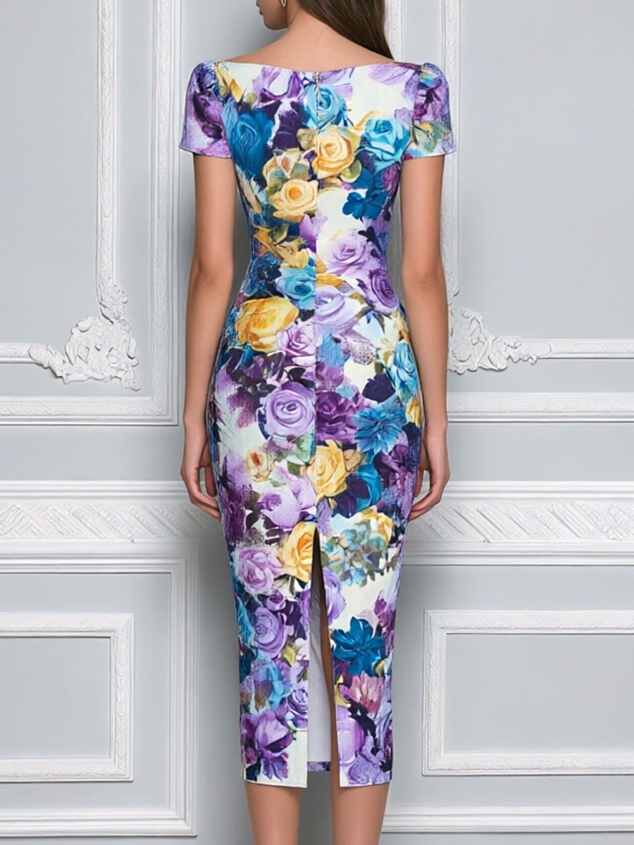 Boat Neck Painterly Rose Print Bodycon Midi Dress