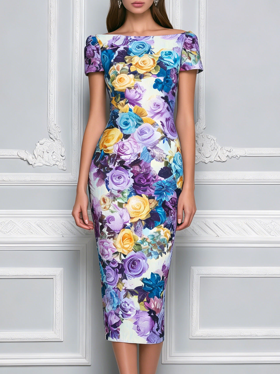 Boat Neck Painterly Rose Print Bodycon Midi Dress