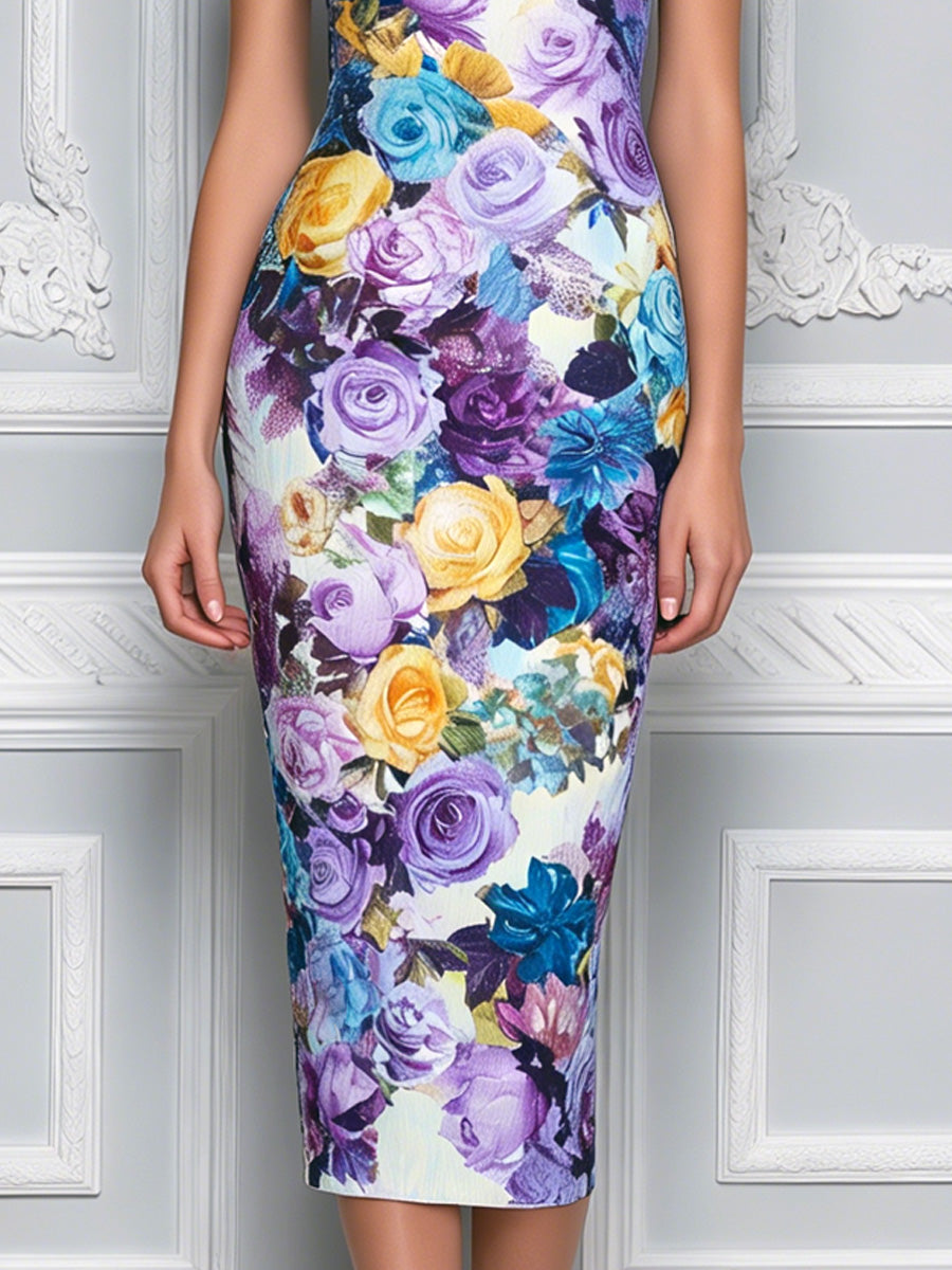 Boat Neck Painterly Rose Print Bodycon Midi Dress