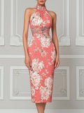 High Neck Halter Smocked Waist Floral Print Midi Dress