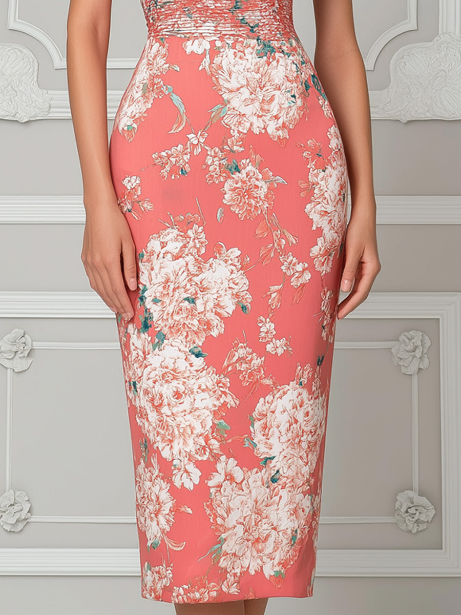 High Neck Halter Smocked Waist Floral Print Midi Dress