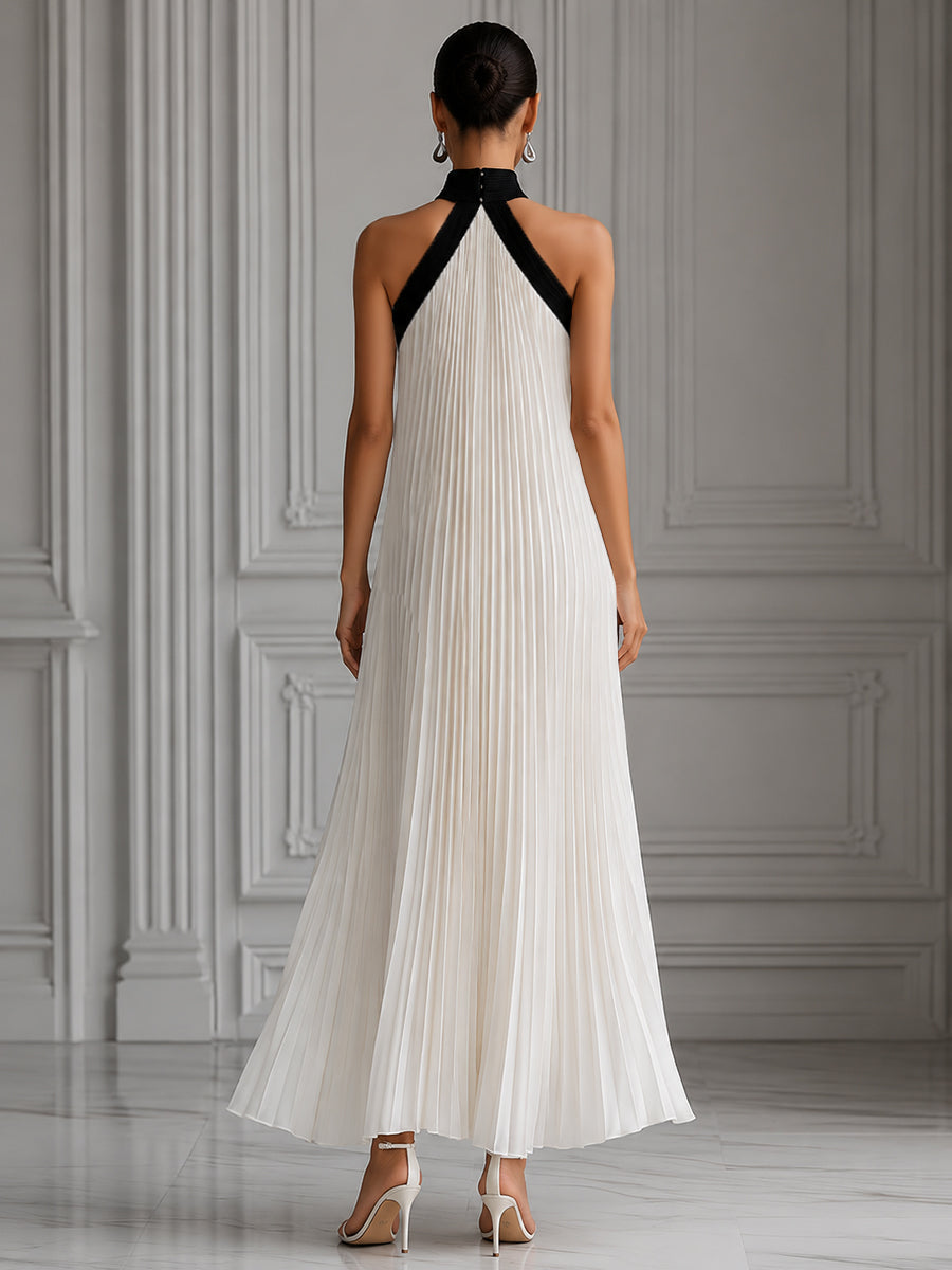 Elegant Pleated Monochrome Halter Maxi Dress