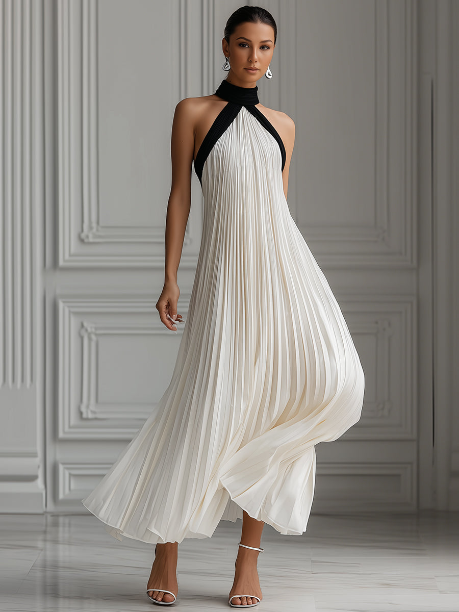 Elegant Pleated Monochrome Halter Maxi Dress