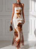 Sheer High-Neck Watercolor Floral Mermaid Gown