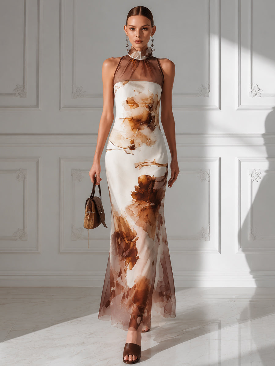 Sheer High-Neck Watercolor Floral Mermaid Gown