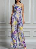 Watercolor Print Wide‑Leg Chiffon Jumpsuit