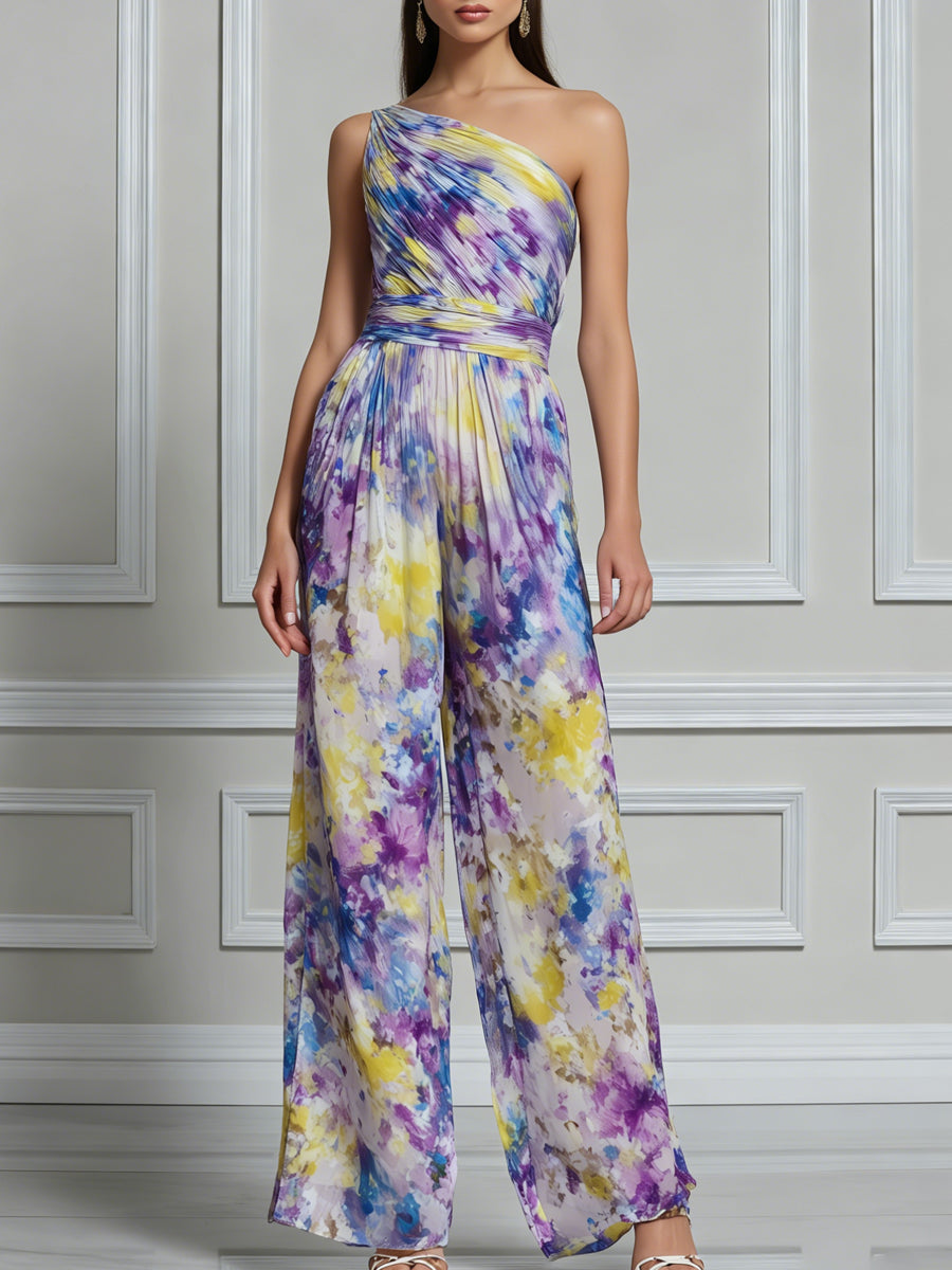 Watercolor Print Wide‑Leg Chiffon Jumpsuit