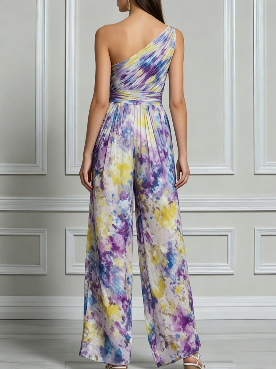 Watercolor Print Wide‑Leg Chiffon Jumpsuit