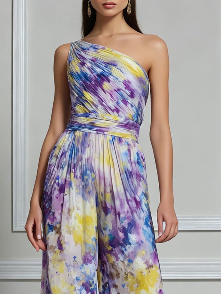 Watercolor Print Wide‑Leg Chiffon Jumpsuit