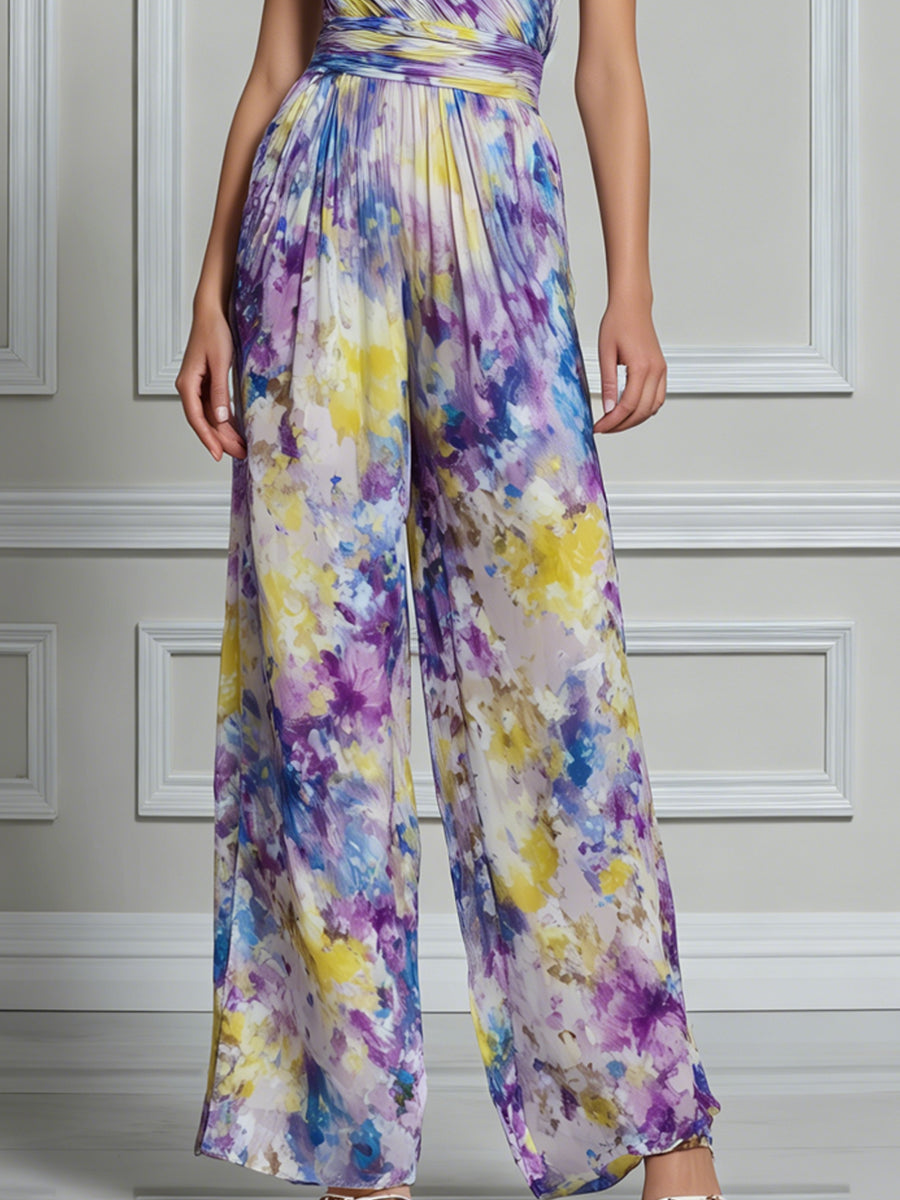 Watercolor Print Wide‑Leg Chiffon Jumpsuit