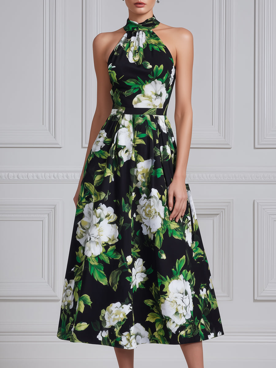 Halter Neck Black White Camellia Floral Print Midi Dress