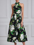 Halter Neck Black White Camellia Floral Print Midi Dress