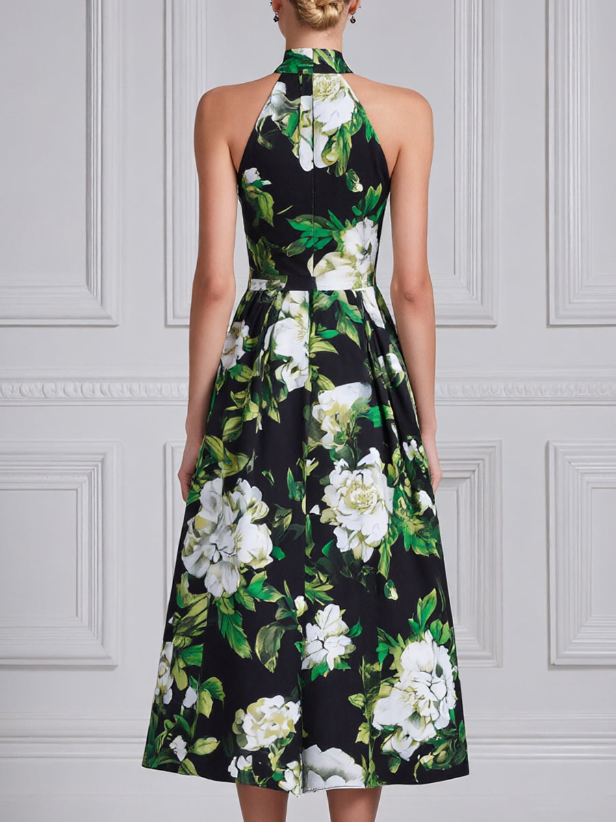 Halter Neck Black White Camellia Floral Print Midi Dress
