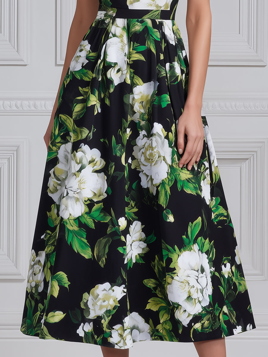 Halter Neck Black White Camellia Floral Print Midi Dress