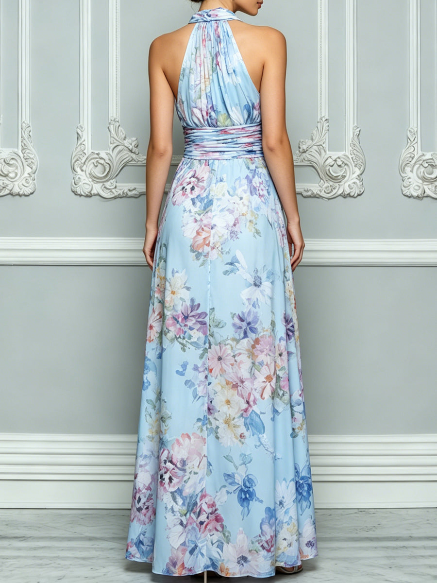 Halter Neck Sky‑Blue Watercolor Floral Maxi Dress