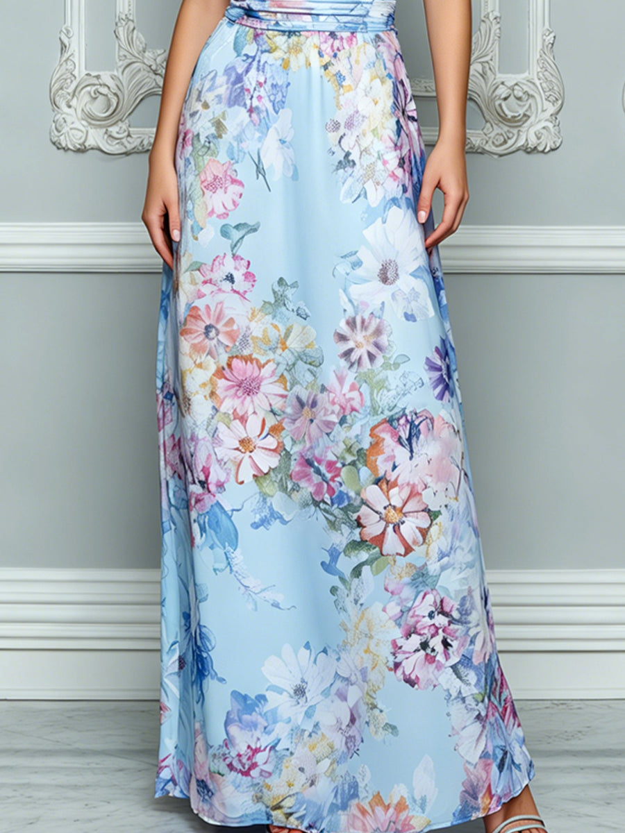 Halter Neck Sky‑Blue Watercolor Floral Maxi Dress