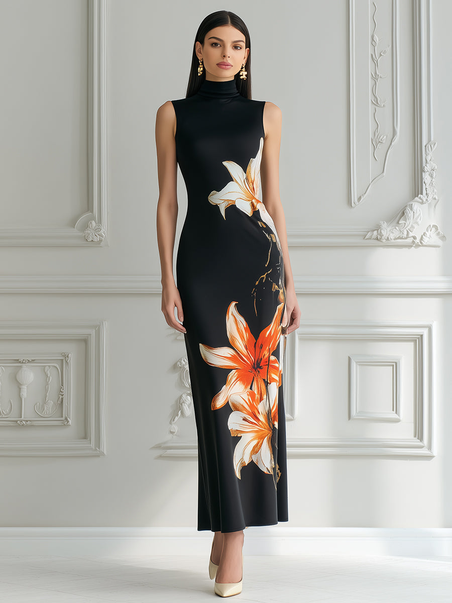 Sleeveless High-Neck Floral Column Maxi Dress