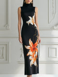 Sleeveless High-Neck Floral Column Maxi Dress
