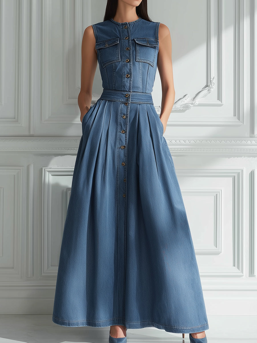 Sleeveless Button-Front Denim Maxi Dress