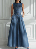 Sleeveless Button-Front Denim Maxi Dress
